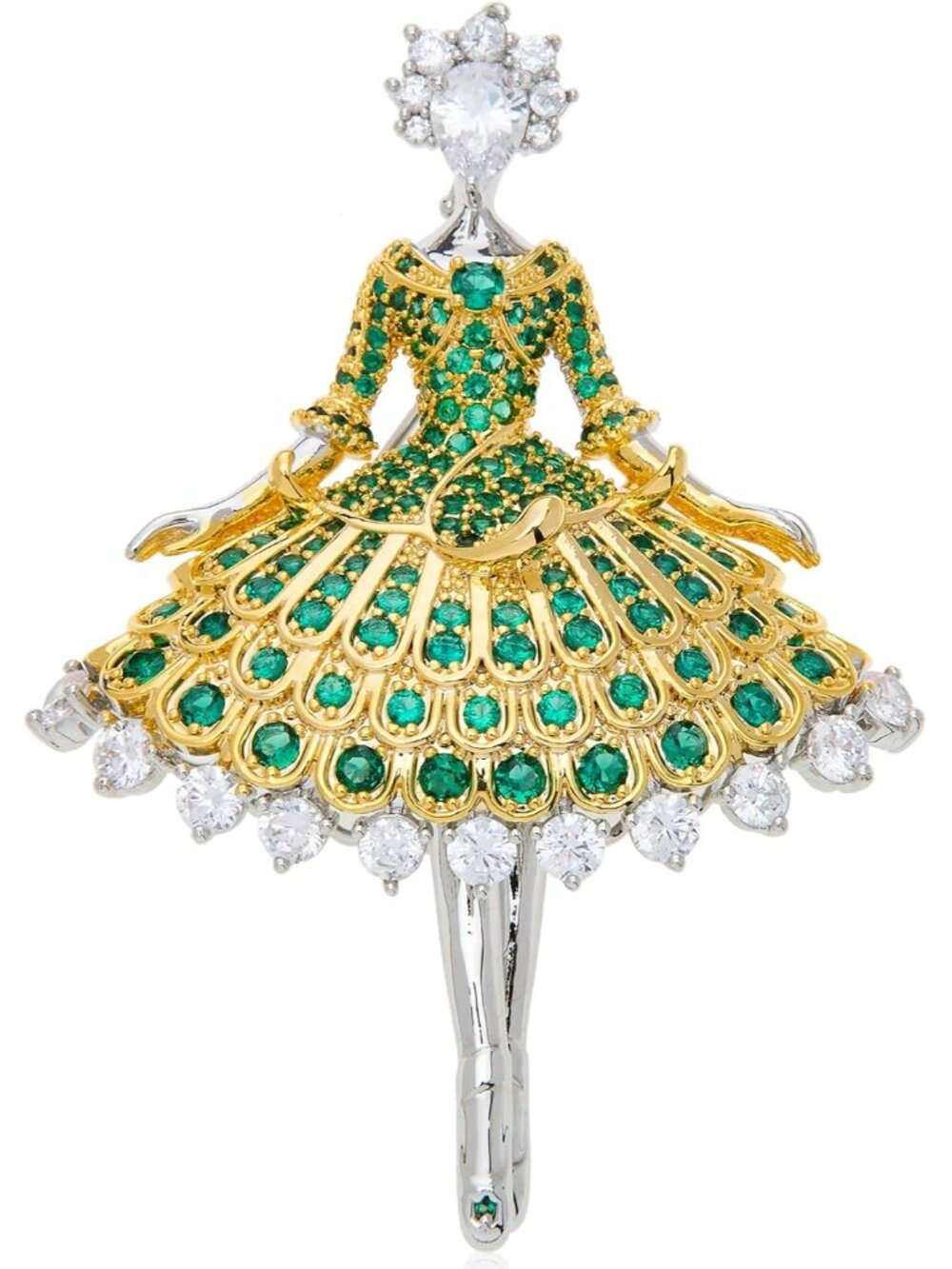 Elegant Ballerina Brooch Pin for Women, High-End Emerald Green Cubic Zirconia Da